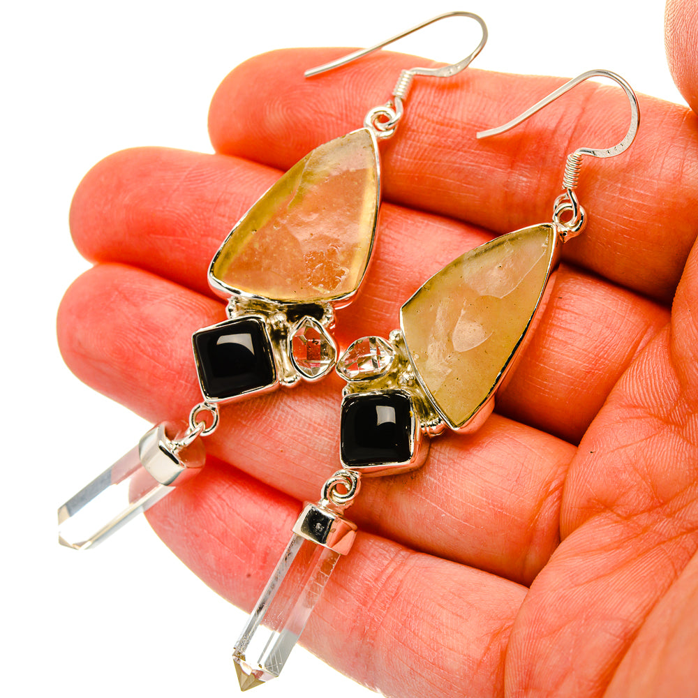 Signature Rough Libyan Desert Glass, Black Onyx, White Quartz Earrings 2 7/8" (925 Sterling Silver) EARR431982