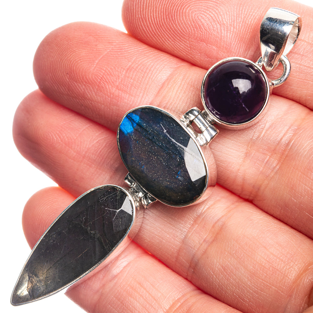 Labradorite, Amethyst 925 Sterling Silver Pendant 2 1/2"