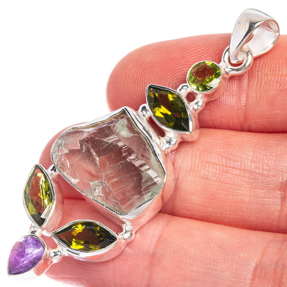 Raw Aquamarine, Peridot, Amethyst Pendant 2 1/4" (925 Sterling Silver) P39835