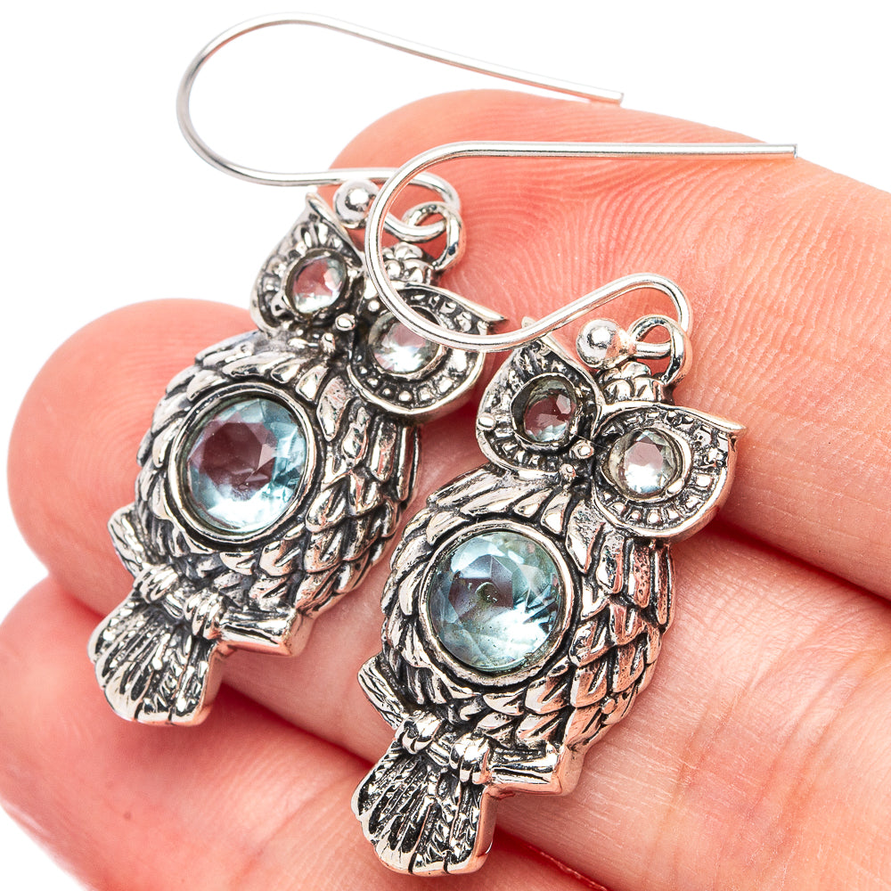 Dainty Blue Topaz Owl Earrings 1 5/8" (925 Sterling Silver) E2882