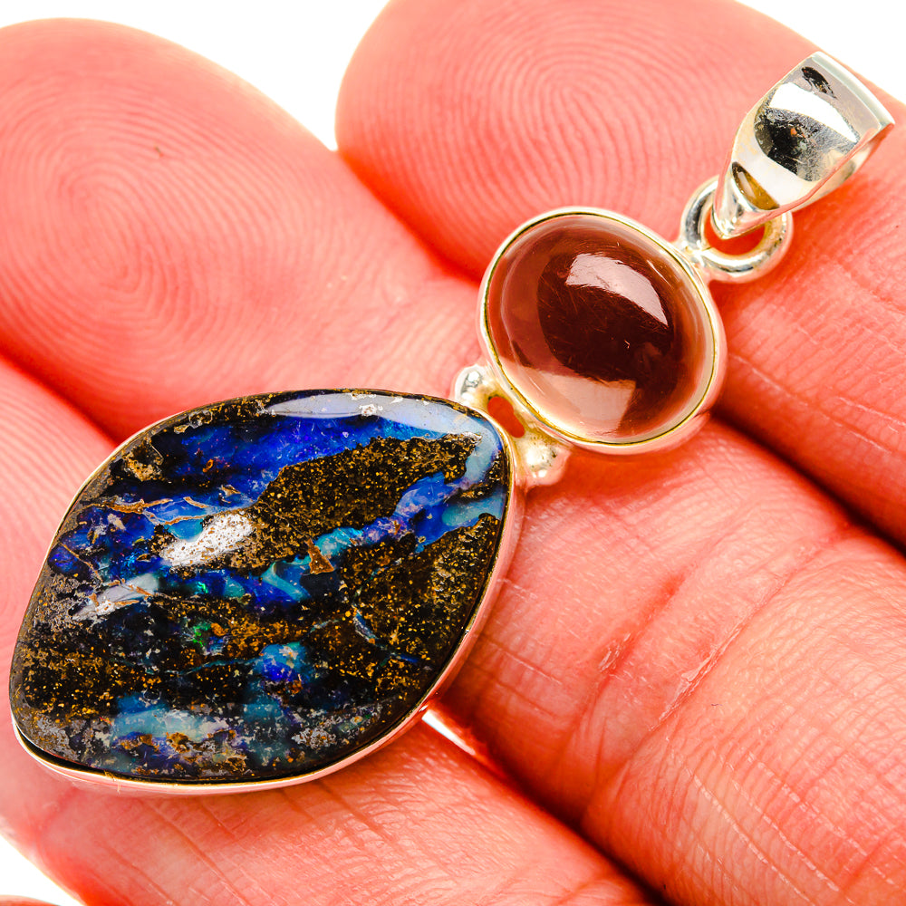Boulder Opal, Smoky Quartz 925 Sterling Silver Pendant 2" (925 Sterling Silver) PD38390