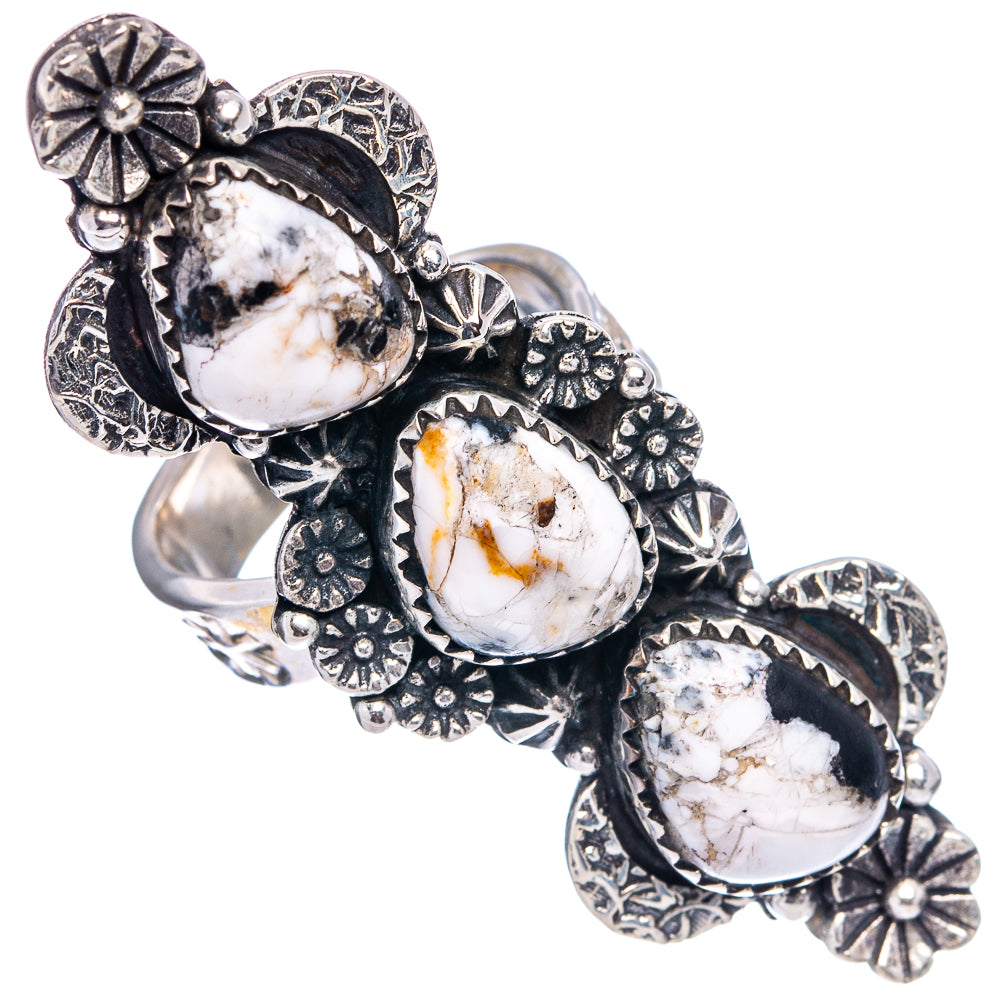Exclusive Native Style White Buffalo Turquoise Ring Size 8 Adjustable (.925 Sterling Silver)