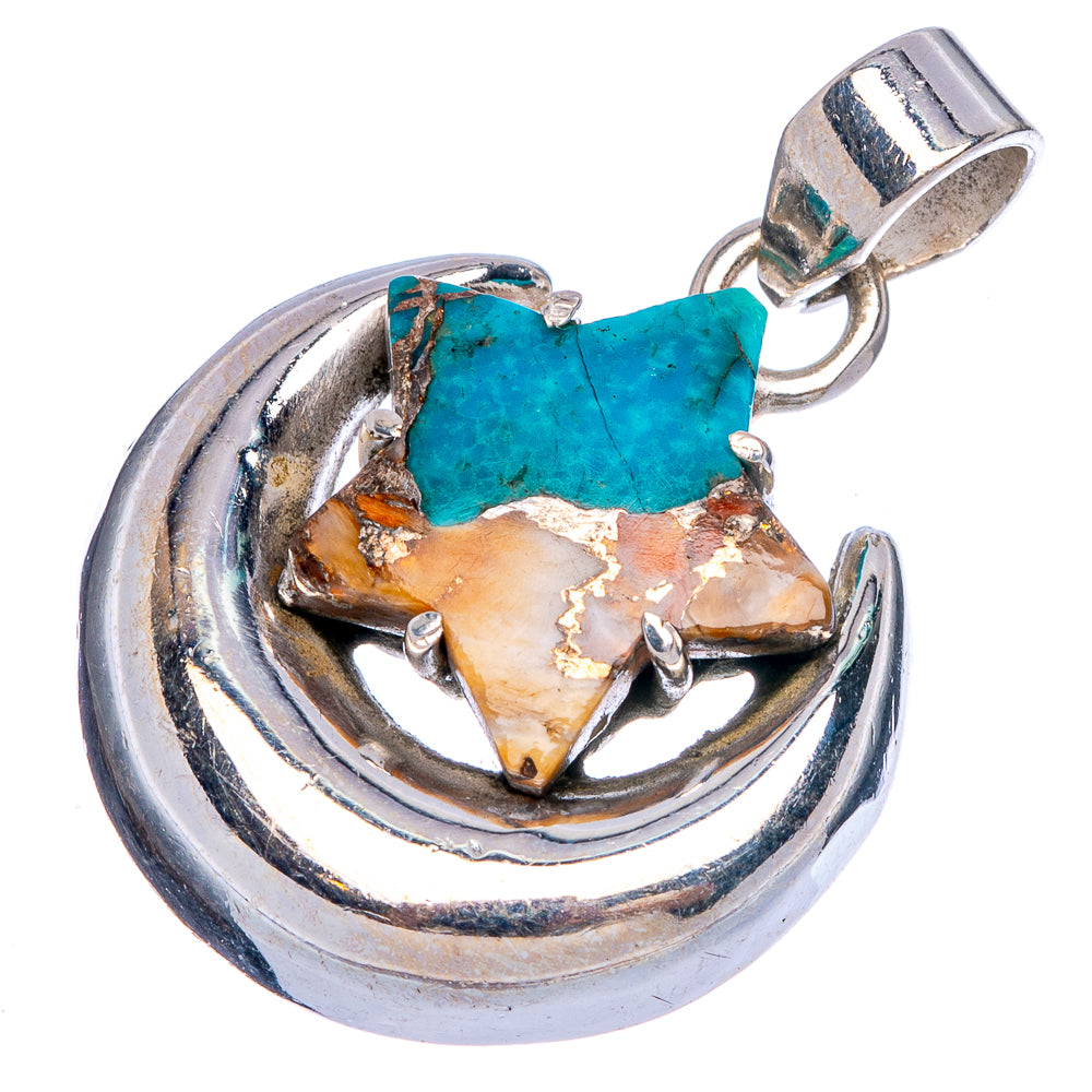 Spiny Oyster Turquoise Moon Star Pendant 1 3/8" (925 Sterling Silver) P40359