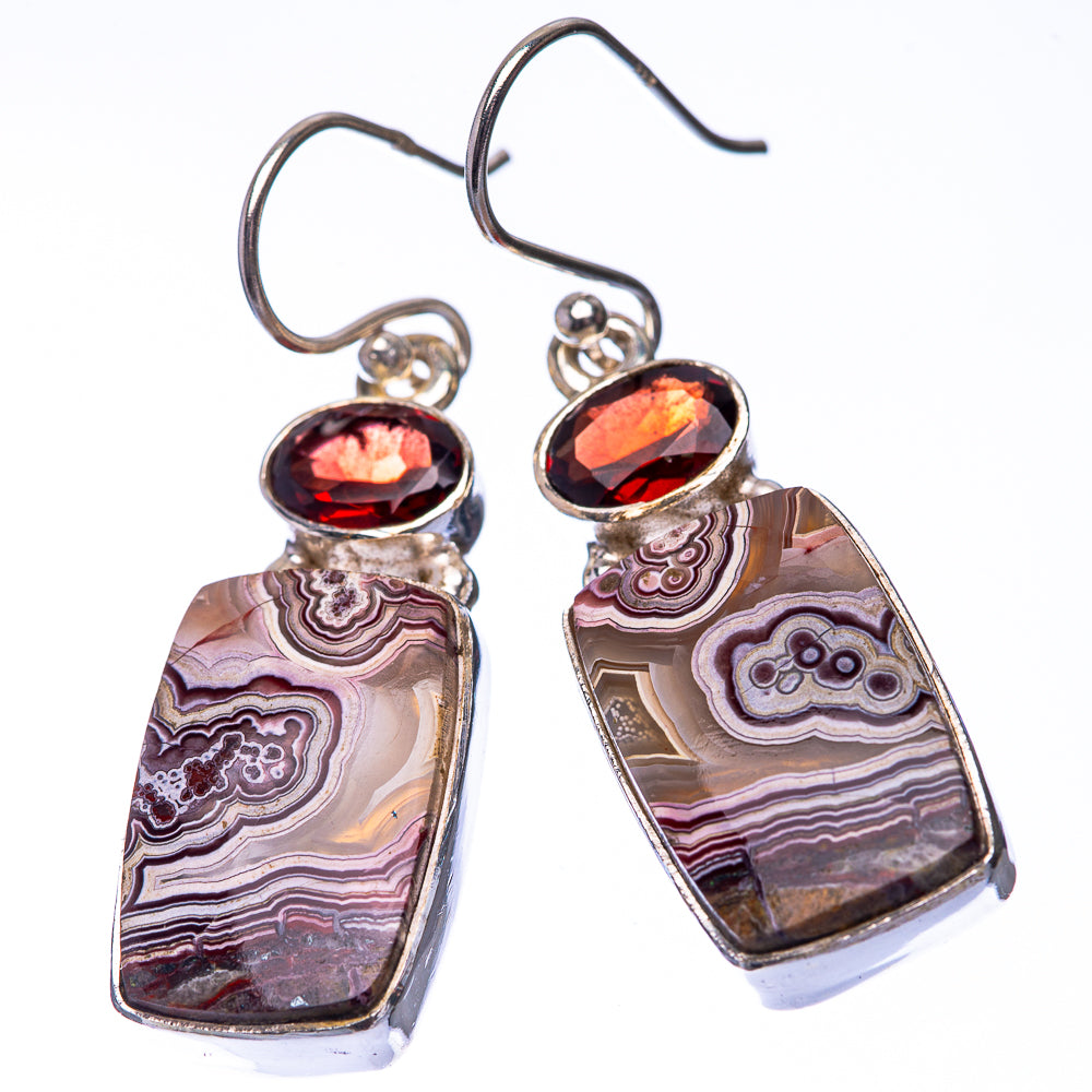 Crazy Lace Agate, Garnet 925 Sterling Silver Earrings 1 5/8" (925 Sterling Silver) EARR432224