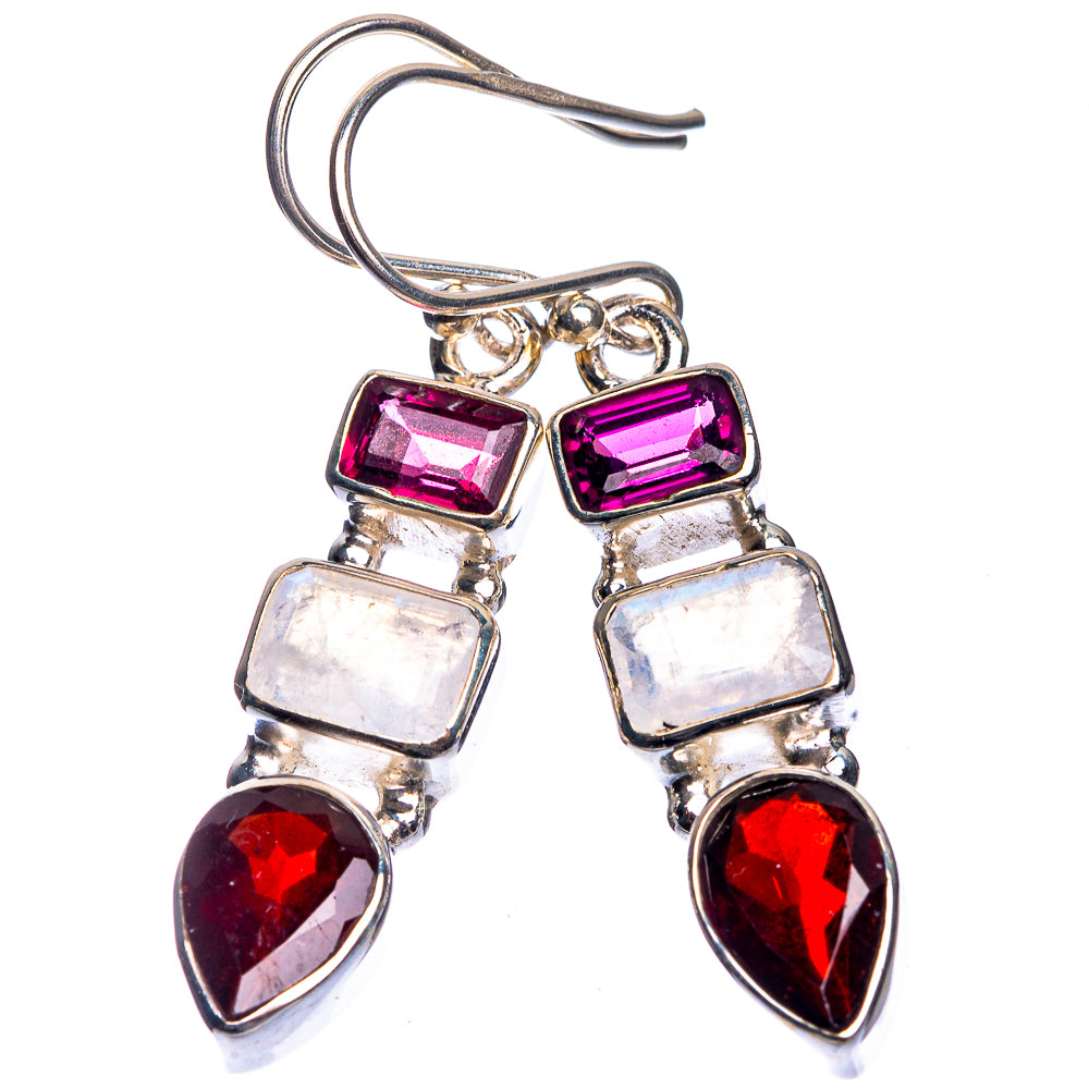 Garnet, Rainbow Moonstone Earrings 1 5/8" (925 Sterling Silver) E432658