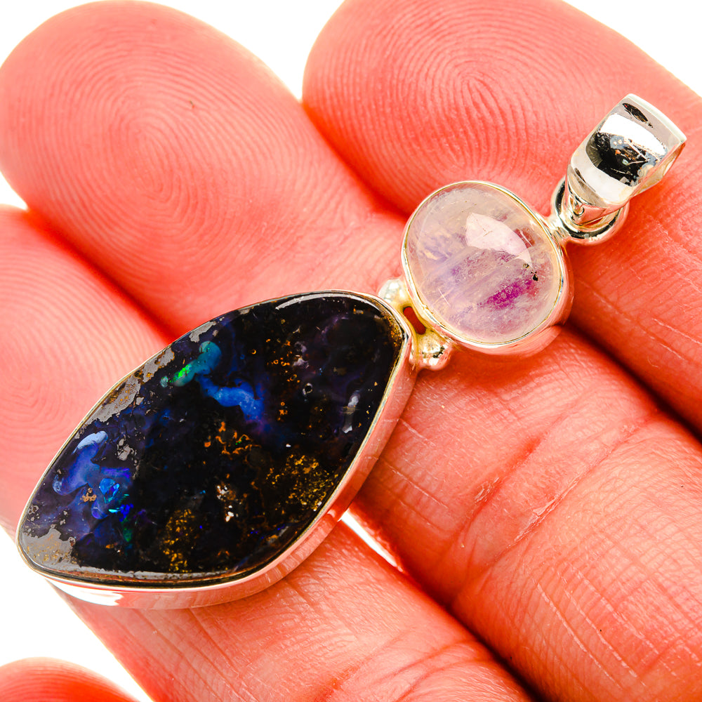 Boulder Opal, Rainbow Moonstone 925 Sterling Silver Pendant 2" (925 Sterling Silver) PD38412