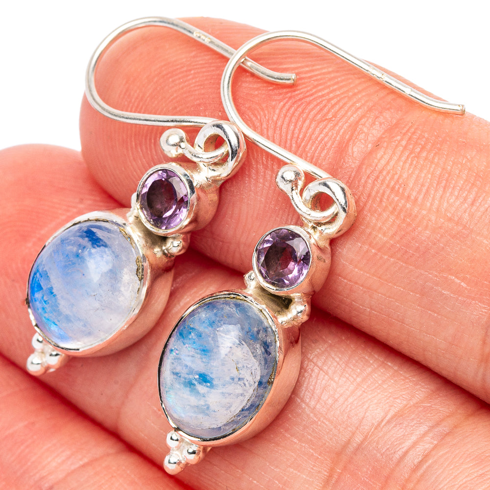 Rainbow Moonstone, Amethyst Earrings 1 3/8" (925 Sterling Silver) E2644