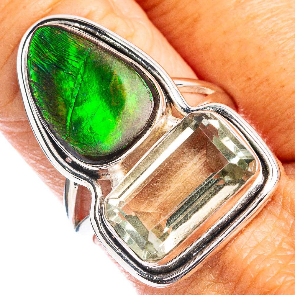 Premium Ammolite, Green Amethyst Ring Size 9 (.925 Sterling Silver)
