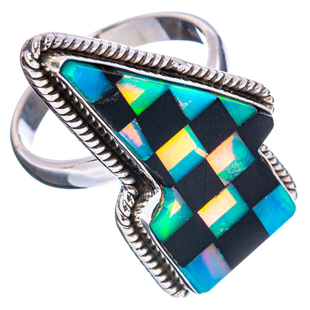 Premium Black Onyx & Aurora Opal Lightning Bolt Ring Size 9 (.925 Sterling Silver)