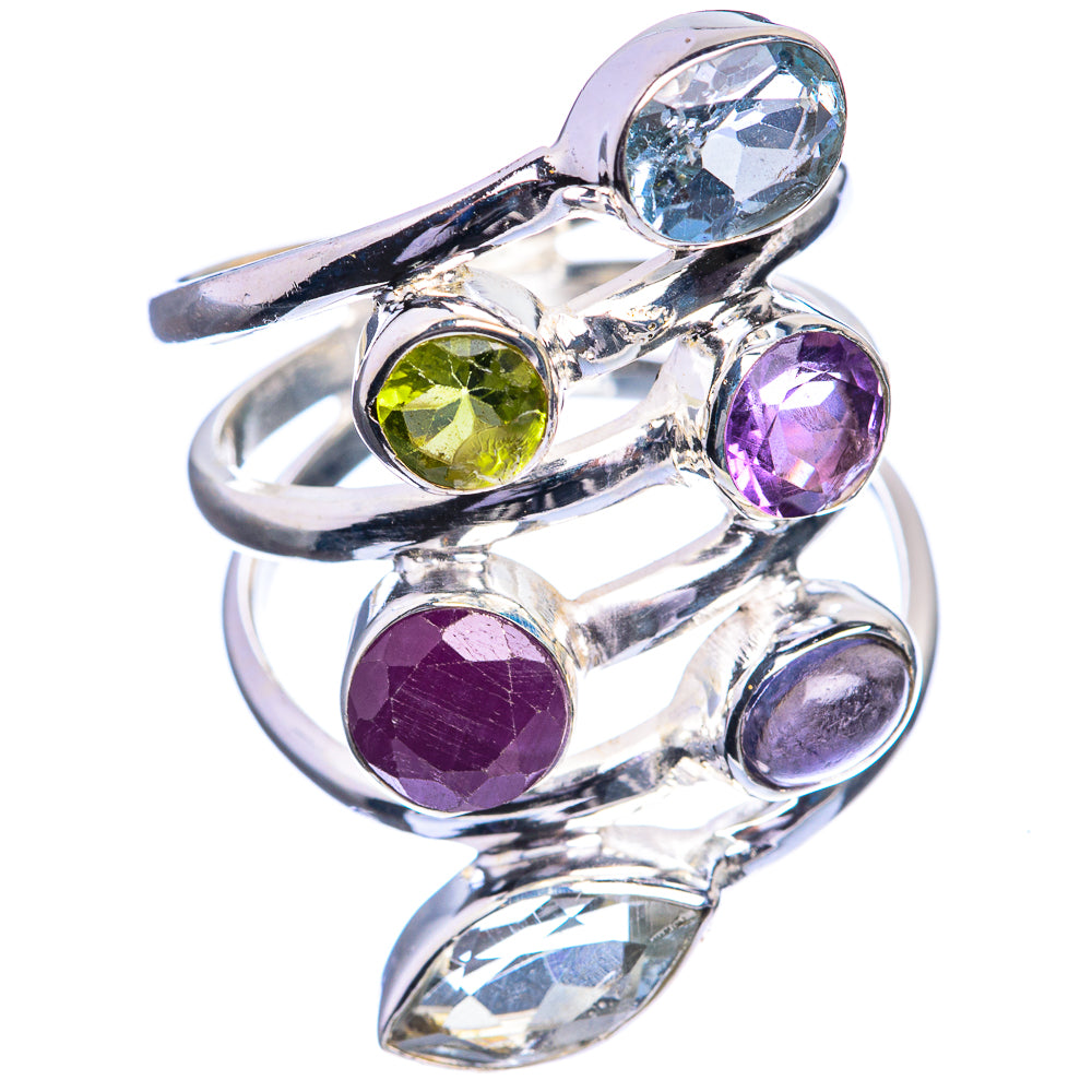 Large Blue Topaz, Peridot, Amethyst, Ruby, Tanzanite, White Quartz 925 Sterling Silver Ring Size 7.75