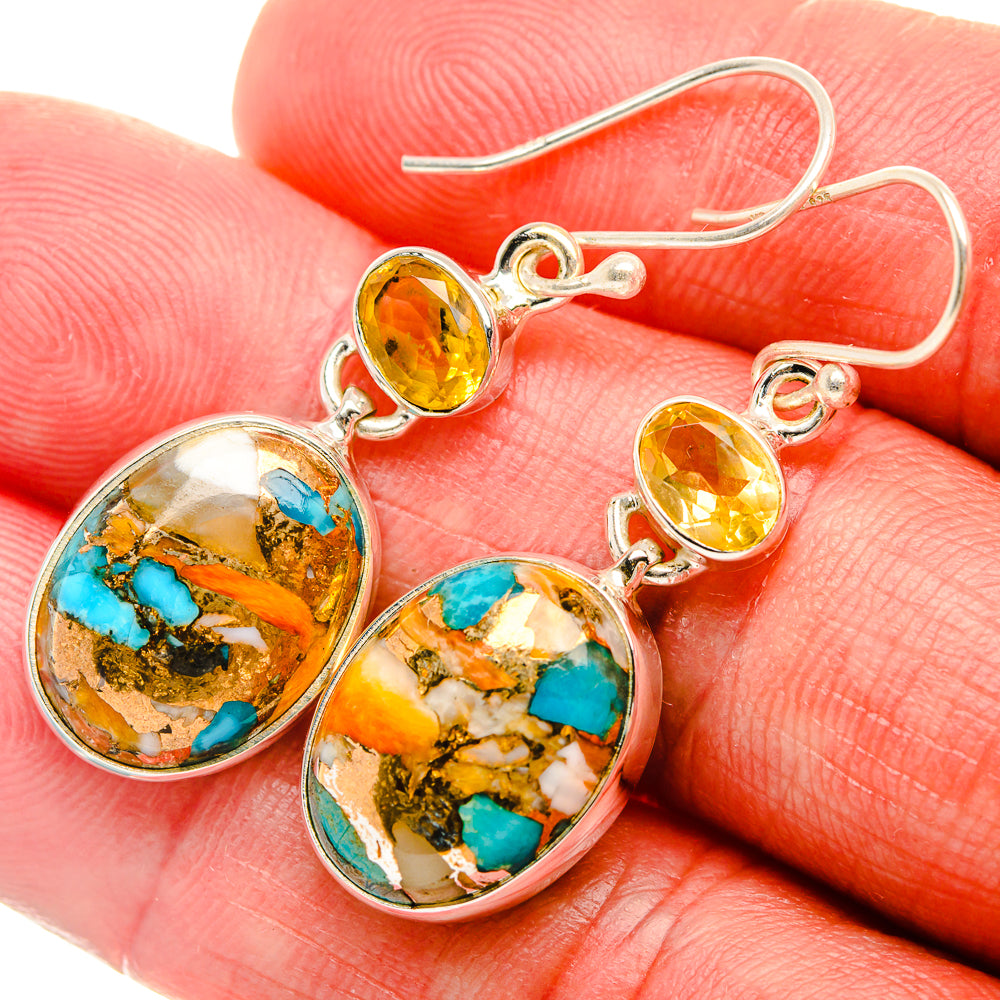 Spiny Oyster Turquoise, Citrine Earrings 1 3/4" (925 Sterling Silver) EARR432049