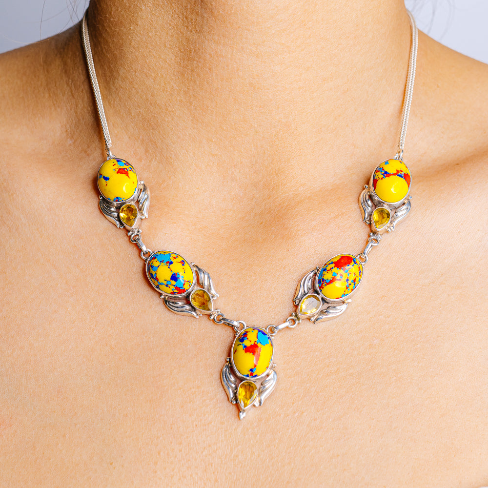 Mosaic Jasper, Citrine Necklace 17 to 18" (.925 Sterling Silver)