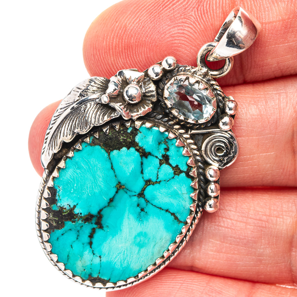 Rare Premium Tibetan Turquoise Pendant 1 7/8" (.925 Sterling Silver)