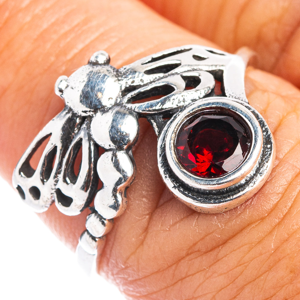 Garnet Dragonfly Dainty Ring Size 7.25 (.925 Sterling Silver)