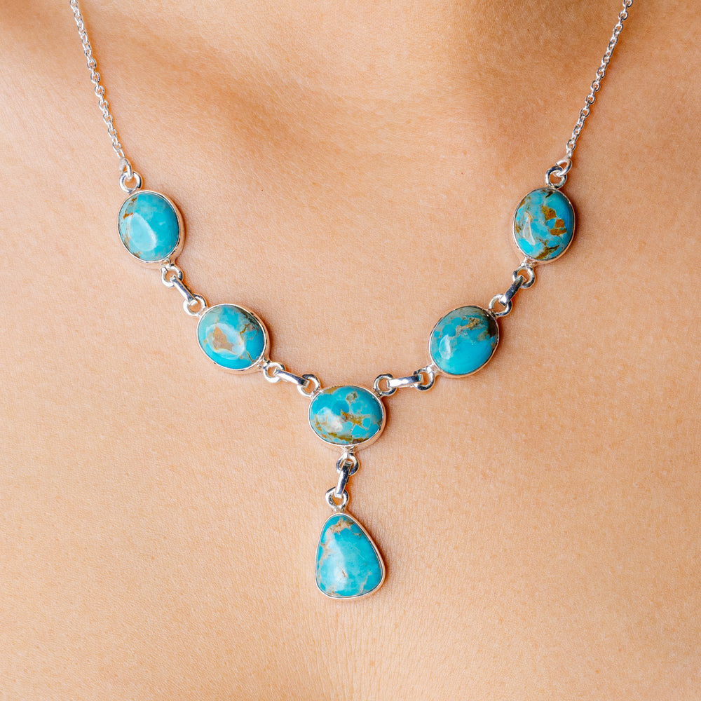 Ice Blue Dahlia Mohave Turquoise Necklace 19 1/2 to 21 1/8" (.925 Sterling Silver)
