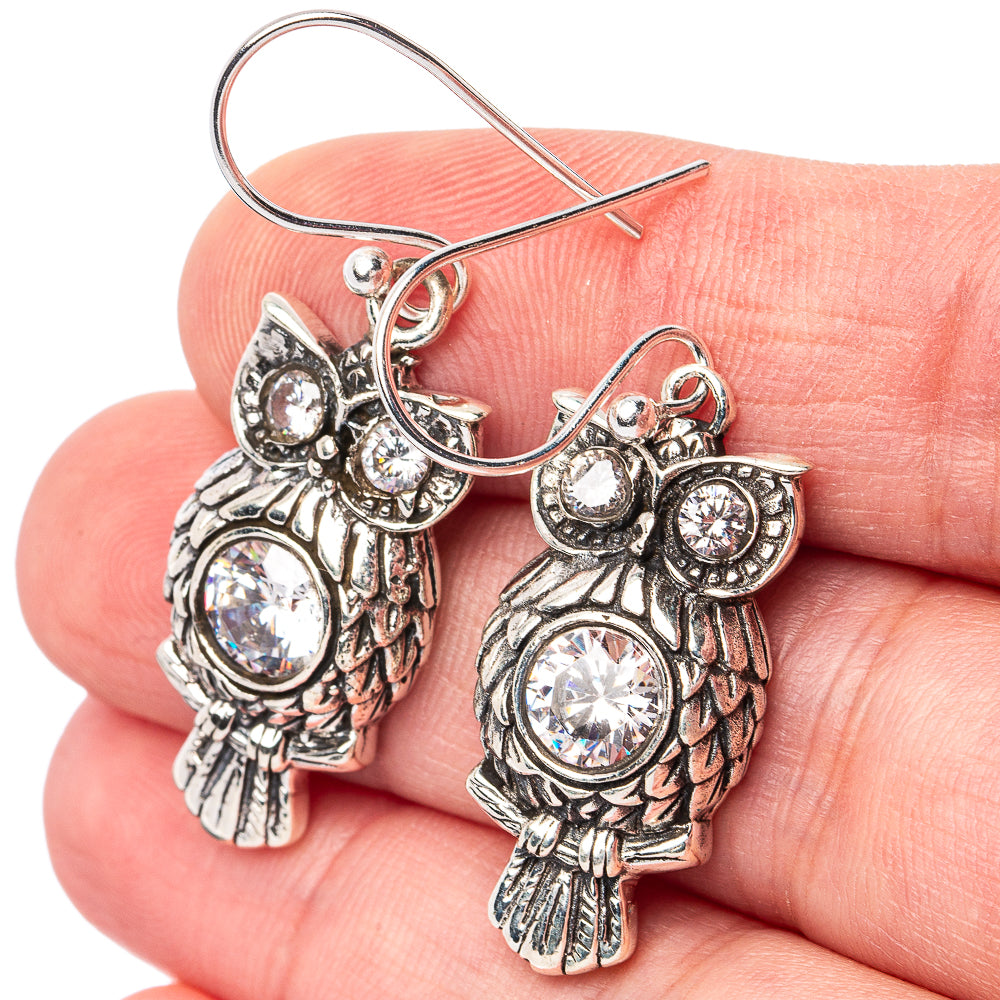 Dainty Cubic Zirconia Owl Earrings 1 5/8" (925 Sterling Silver) E3100