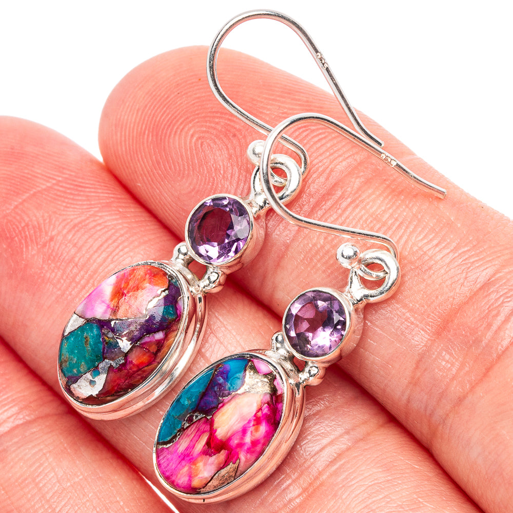 Kingman Pink Dahlia Turquoise, Amethyst Earrings 1 3/8" (925 Sterling Silver) E1788