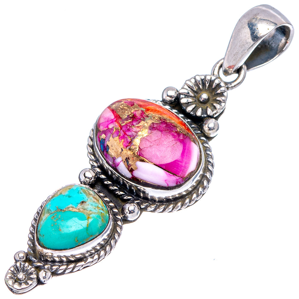 Native Style Pink Dahlia Mohave Turquoise, Mohave Turquoise Pendant 1 7/8" (.925 Sterling Silver)
