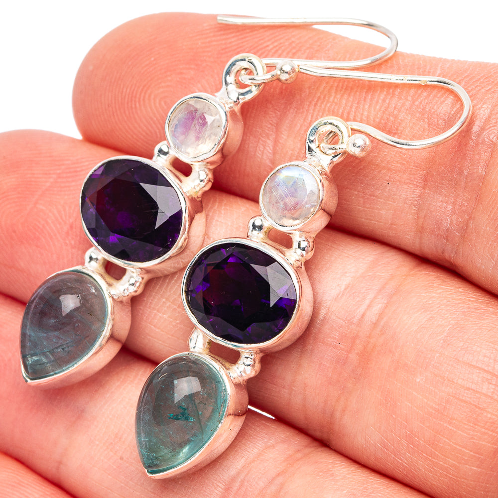 Faceted Amethyst, Apatite, Rainbow Moonstone 925 Sterling Silver Earrings 1 3/4" (925 Sterling Silver) E2201