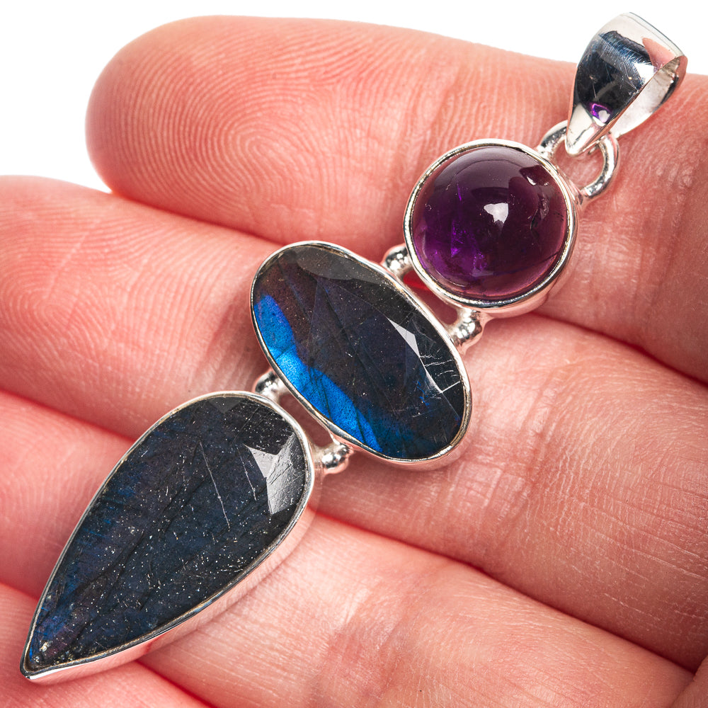 Labradorite, Amethyst 925 Sterling Silver Pendant 2 1/4"