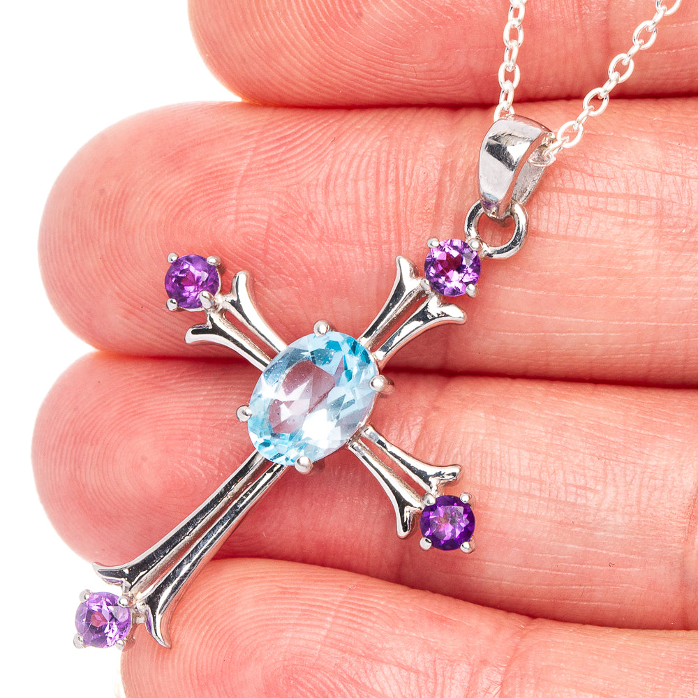 Blue Topaz, Amethyst Cross Necklace 18 3/8" (925 Sterling Silver) N90070