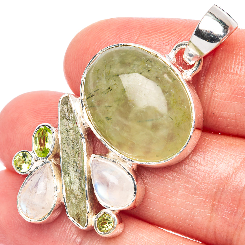 Prehnite, Rainbow Moonstone, Peridot Pendant 1 3/4" (925 Sterling Silver) P44374