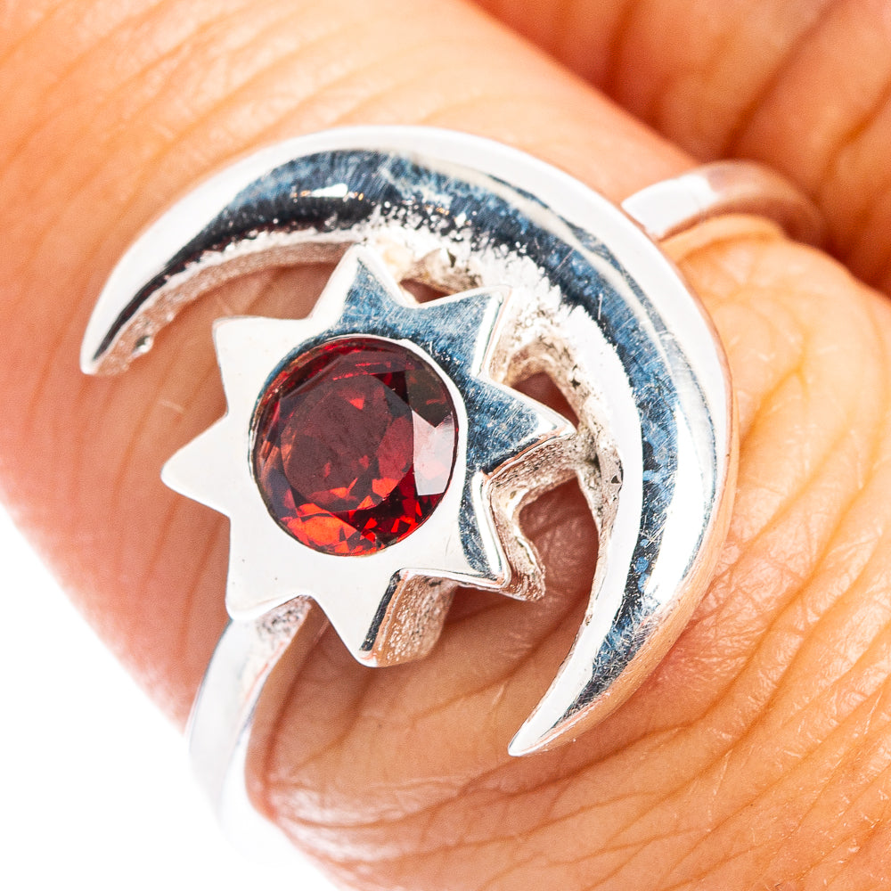 Garnet Sun Moon Dainty Ring Size 7.75 (.925 Sterling Silver)