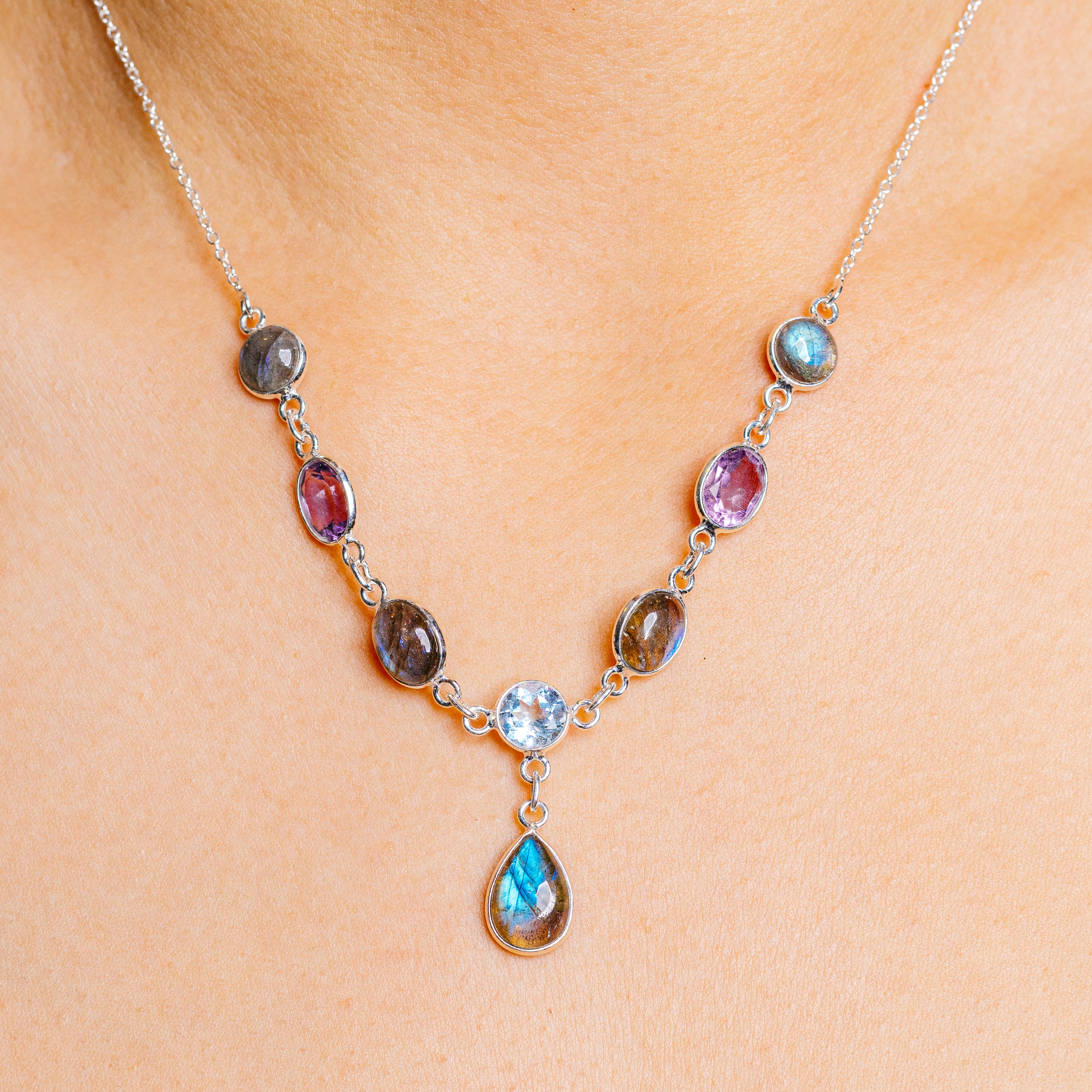 Labradorite, Blue Topaz, Amethyst Necklace 16  to 17" (.925 Sterling Silver)
