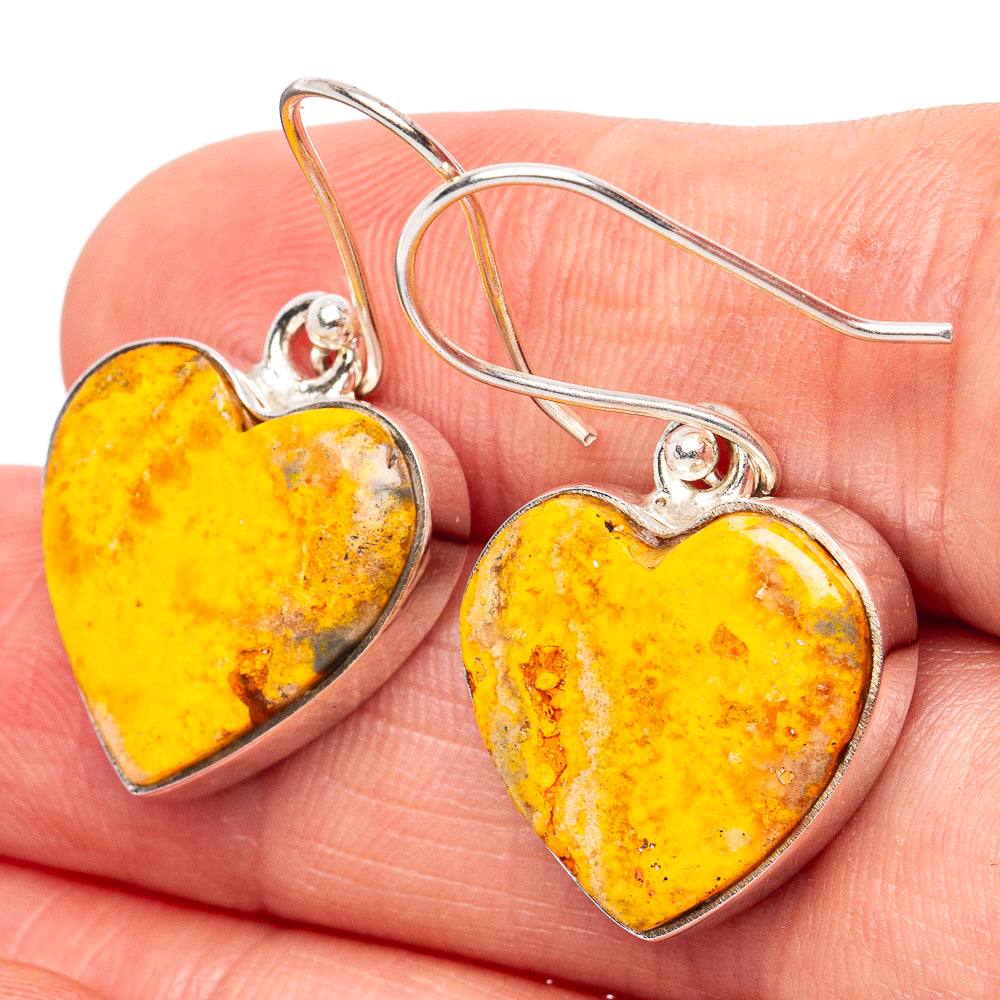 Bumblebee Jasper Heart Earrings 1 3/8" (.925 Sterling Silver)