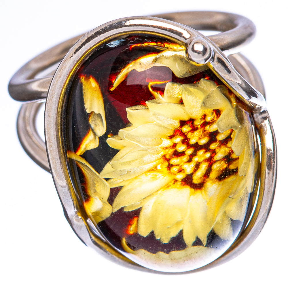 Amber Intaglio Sunflower Ring Size 7 Adjustable (925 Sterling Silver) R3806