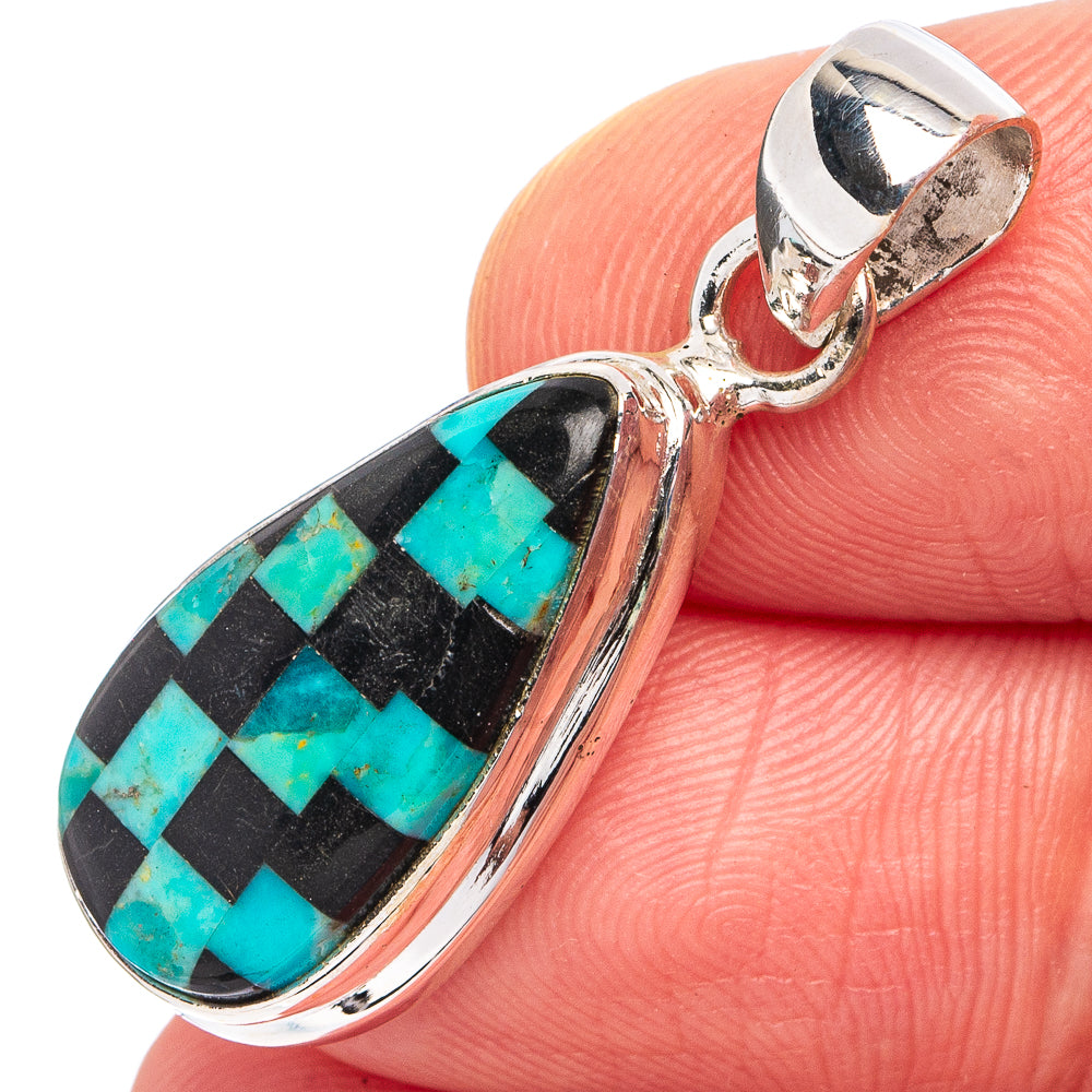 Rare Kingman Turquoise Black Onyx Pendant 1 3/8" (.925 Sterling Silver)
