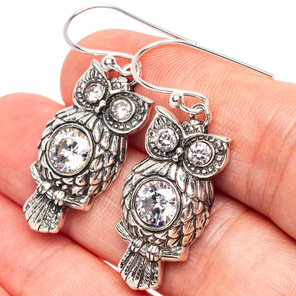 Dainty Cubic Zirconia Owl Earrings 1 5/8" (925 Sterling Silver) E2884
