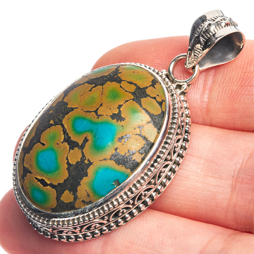 Tibetan Turquoise 925 Sterling Silver Pendant 1 3/4"