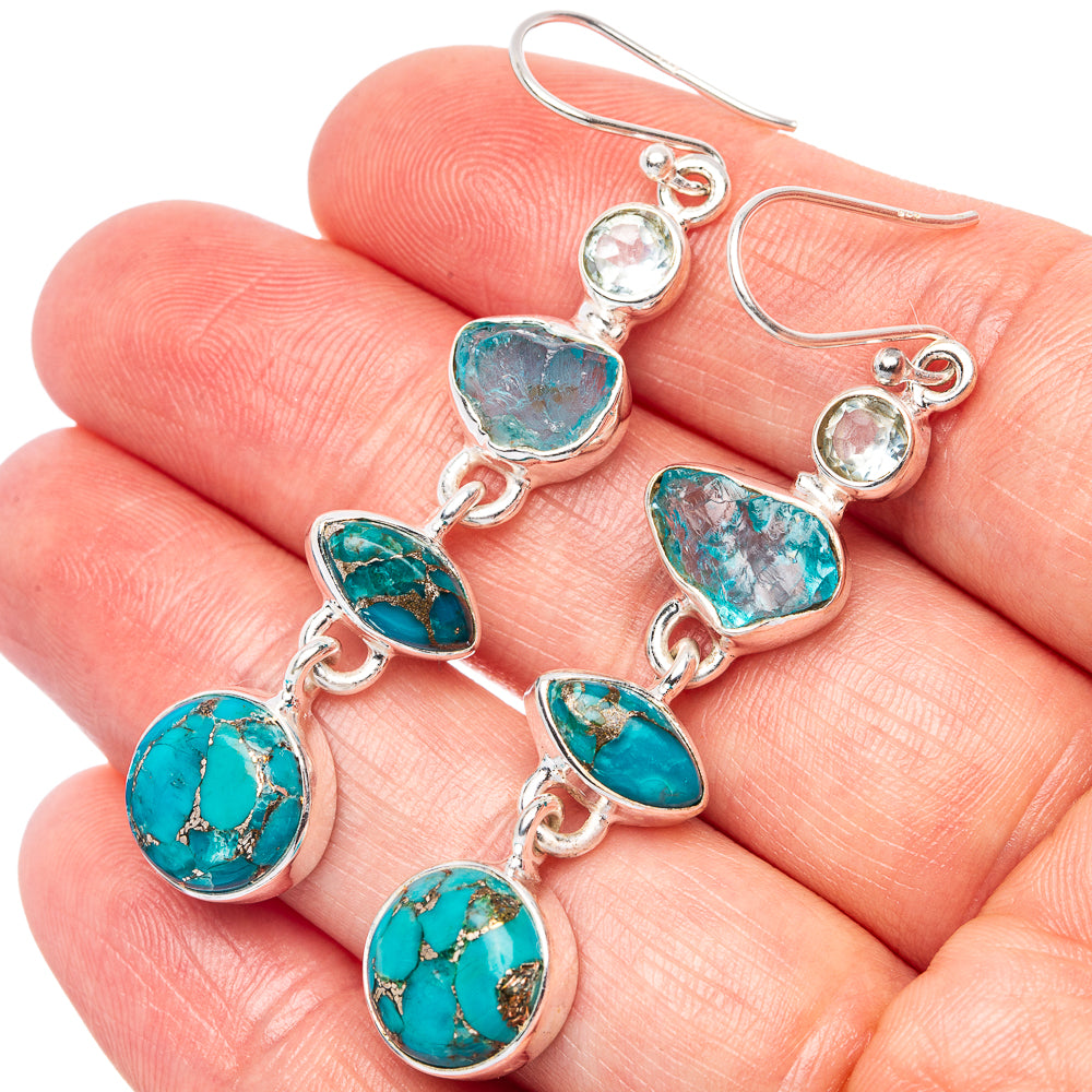 Blue Copper Composite Turquoise, Apatite, Blue Topaz Earrings 2 1/4" (925 Sterling Silver) E1593