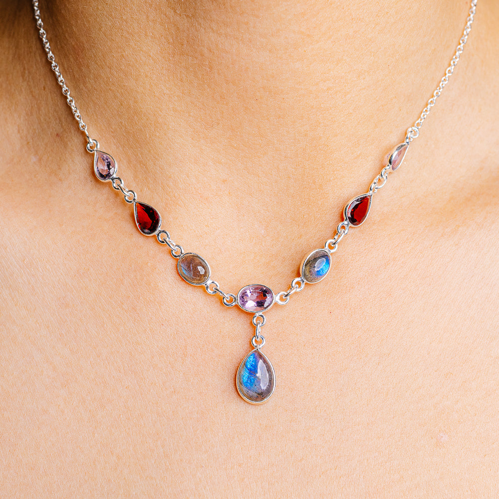 Labradorite, Amethyst, Garnet Necklace 15 to 16" (.925 Sterling Silver)