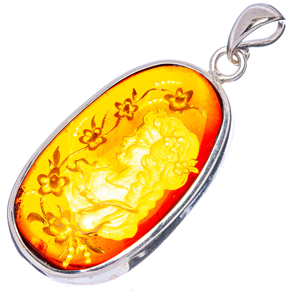 Amber Intaglio Lady Pendant 2" (925 Sterling Silver) P42579