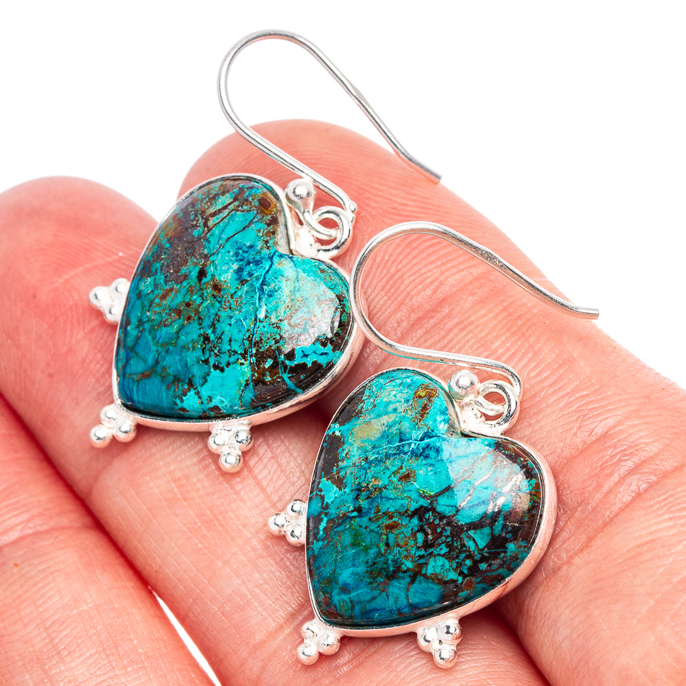 Shattuckite Heart Earrings 1 3/8" (925 Sterling Silver) E1842