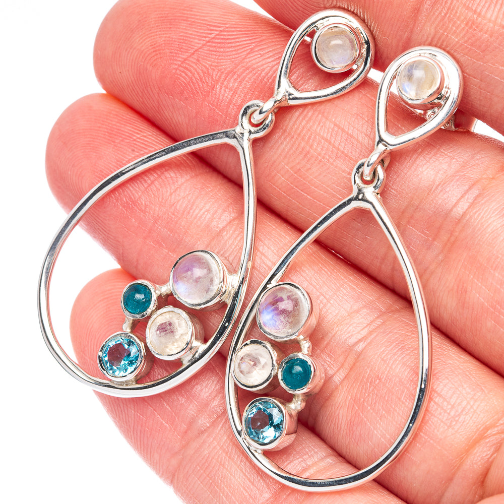 Premium Rainbow Moonstone, Blue Topaz, Apatite Earrings 1 3/4" (925 Sterling Silver) E2504