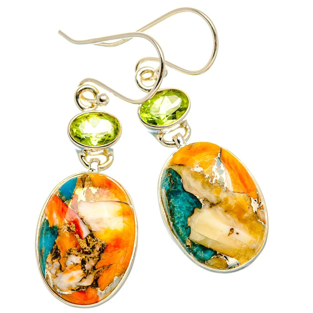 Spiny Oyster Turquoise, Peridot Earrings 1 3/4" (925 Sterling Silver) EARR432036