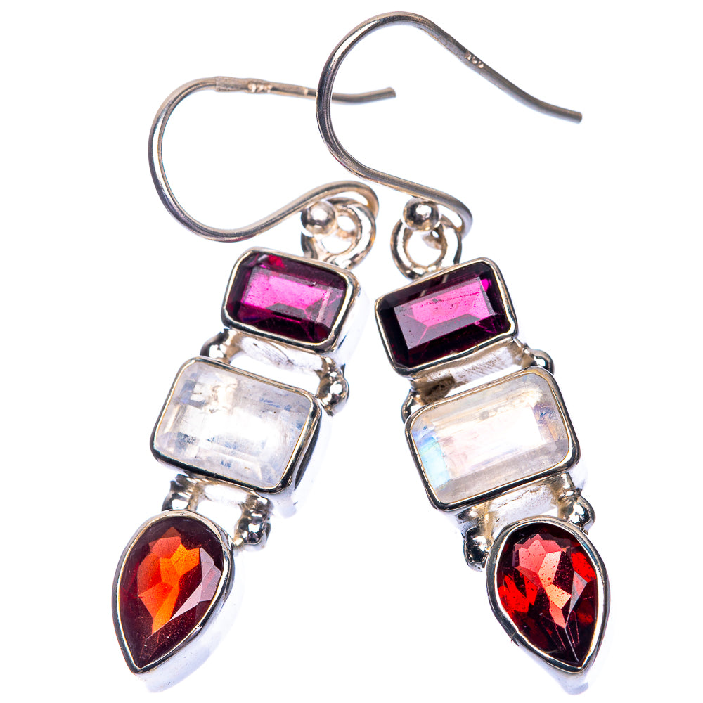 Rainbow Moonstone, Garnet Earrings 1 1/2" (925 Sterling Silver) E432464