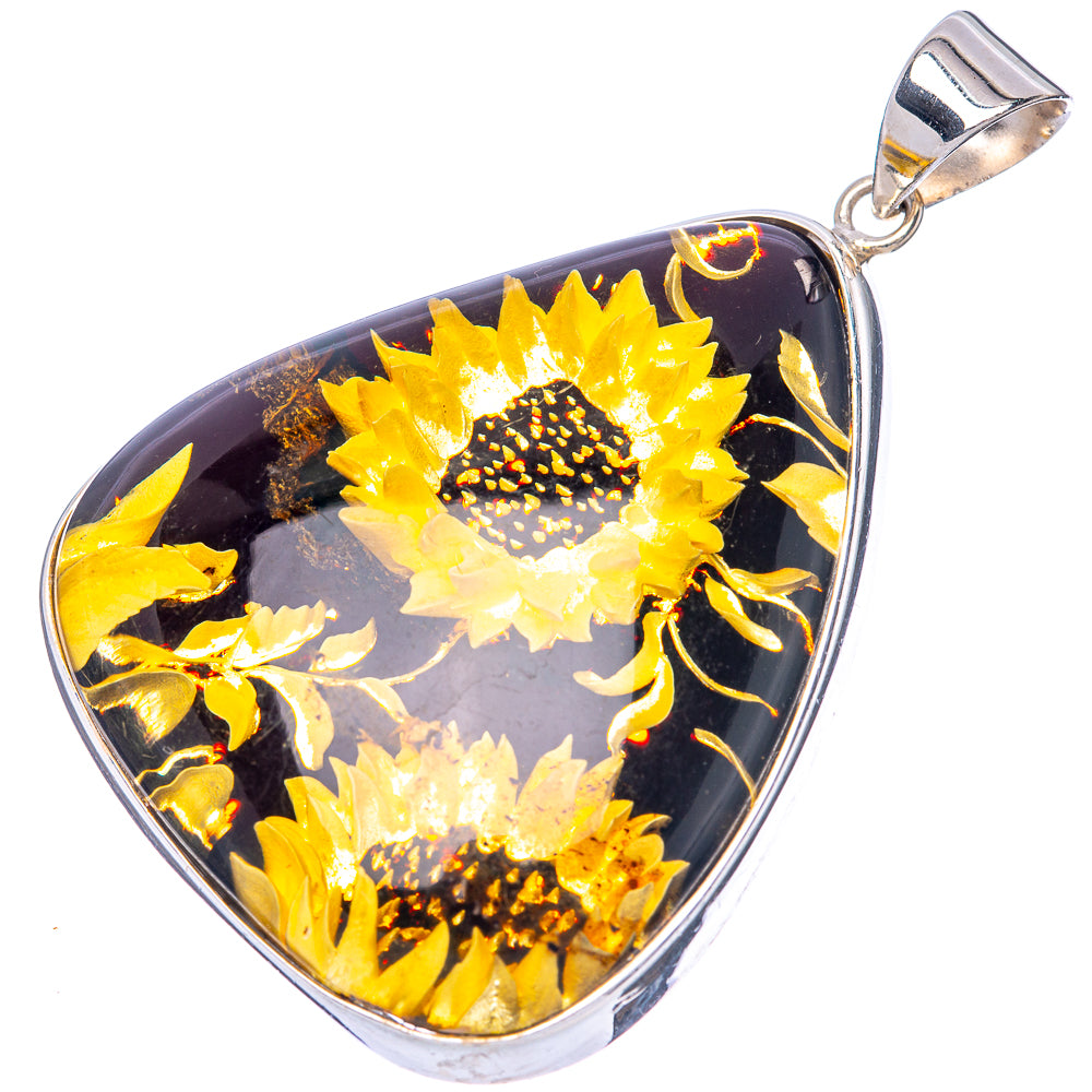 Amber Intaglio Sunflower Pendant 2 1/4" (925 Sterling Silver) P42589