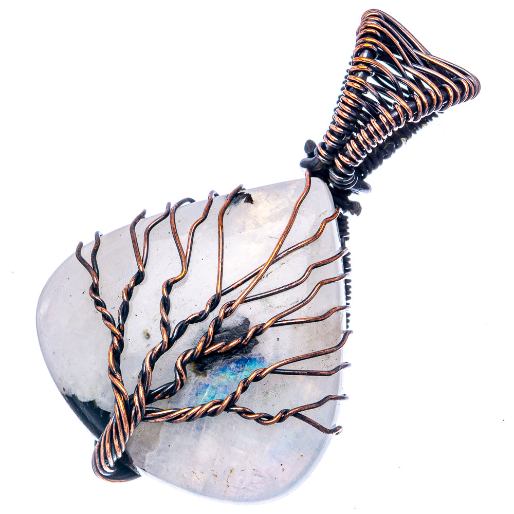 Rainbow Moonstone with Black Tourmaline Tree of Life Pendant 1 3/4" (Oxidized Copper)