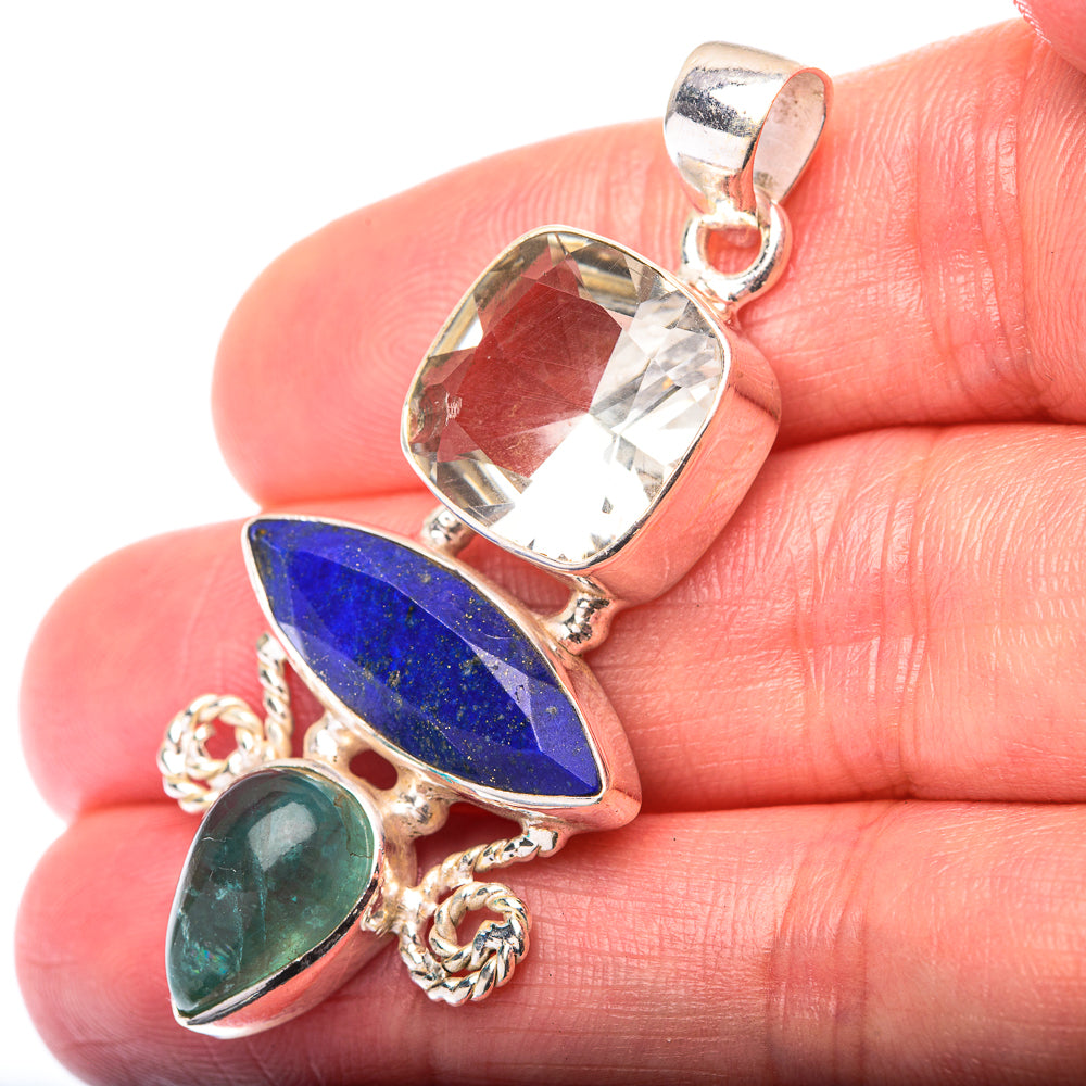 Lapis Lazuli, White Quartz, Blue Fluorite Pendant 1 7/8" (925 Sterling Silver) PD38583