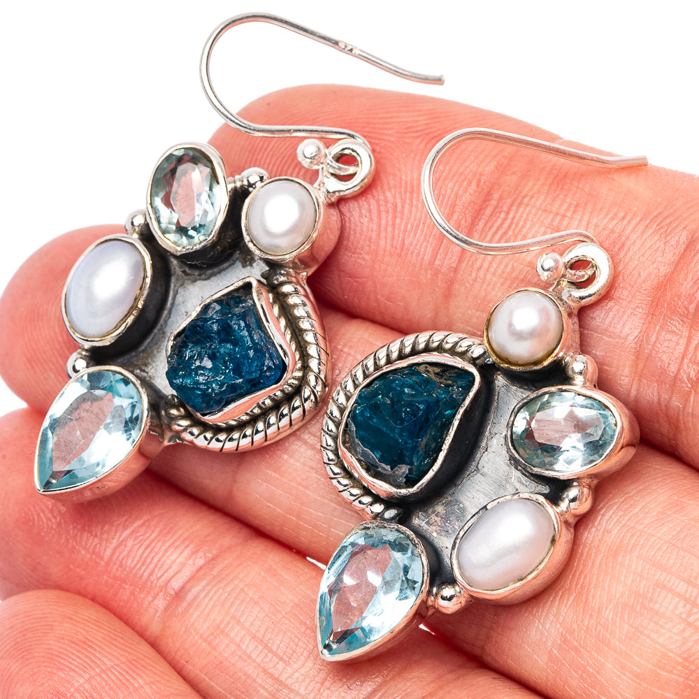Premium Blue Fluorite, Blue Topaz, Cultured Pearl Earrings 1 5/8" (925 Sterling Silver) E1600