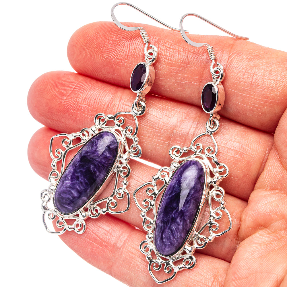 Signature Charoite, Amethyst Earrings 2 3/4" (.925 Sterling Silver)