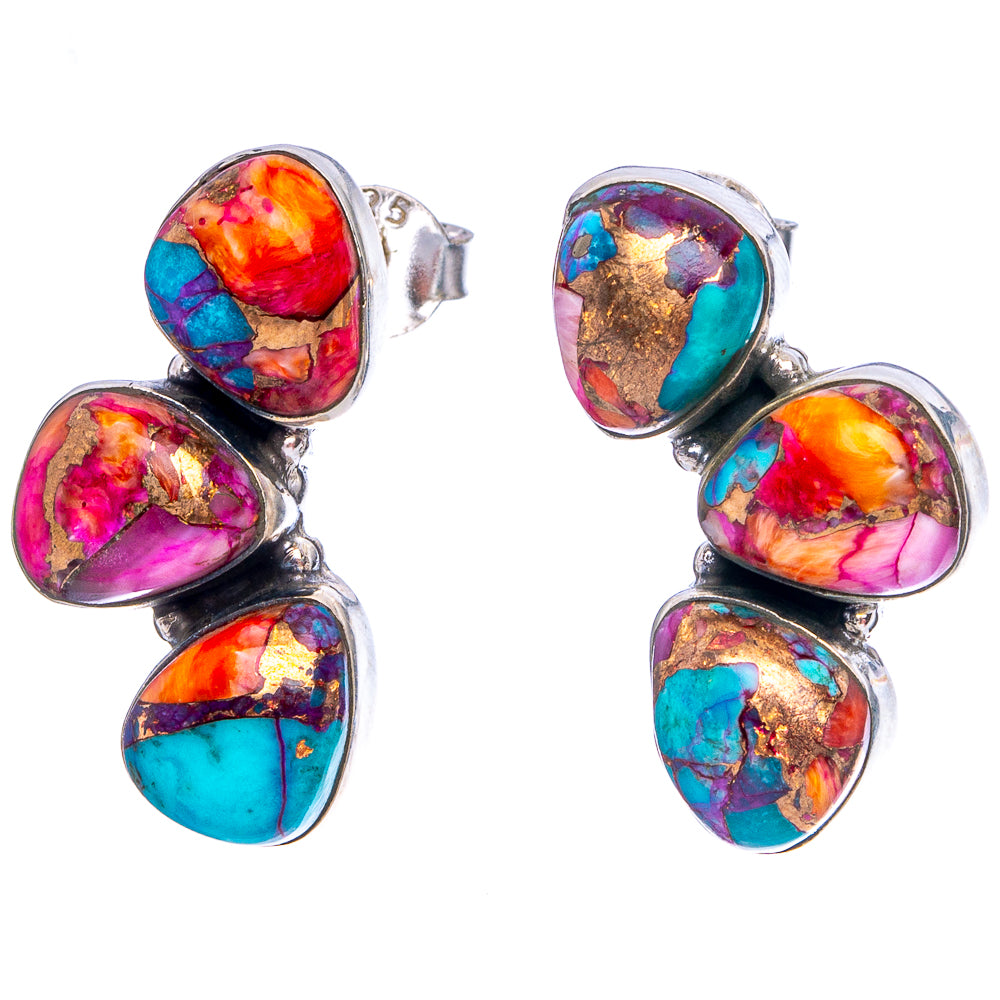 Pink Dahlia Mohave Turquoise Native Style Earrings 1" (.925 Sterling Silver) Exclusive