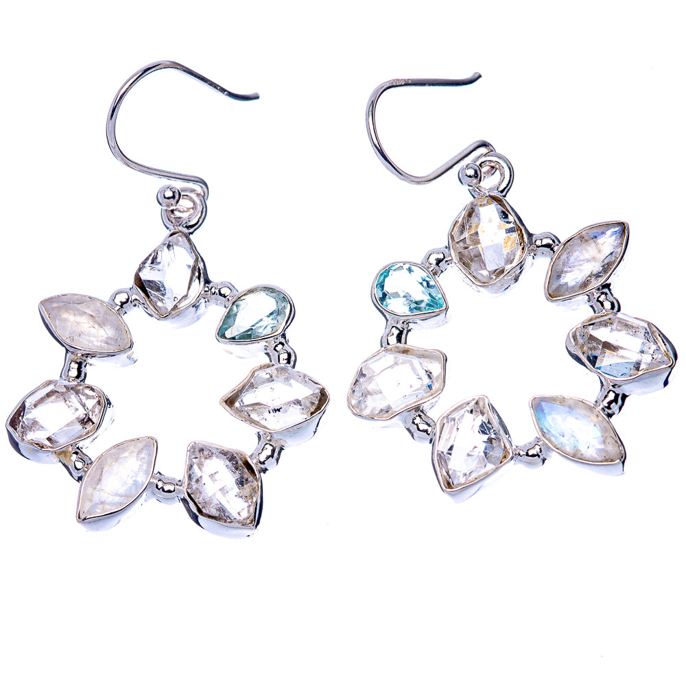 Premium Rainbow Moonstone, Herkimer Diamond, Blue Topaz 925 Sterling Silver Earrings 1 5/8" (925 Sterling Silver) E1224