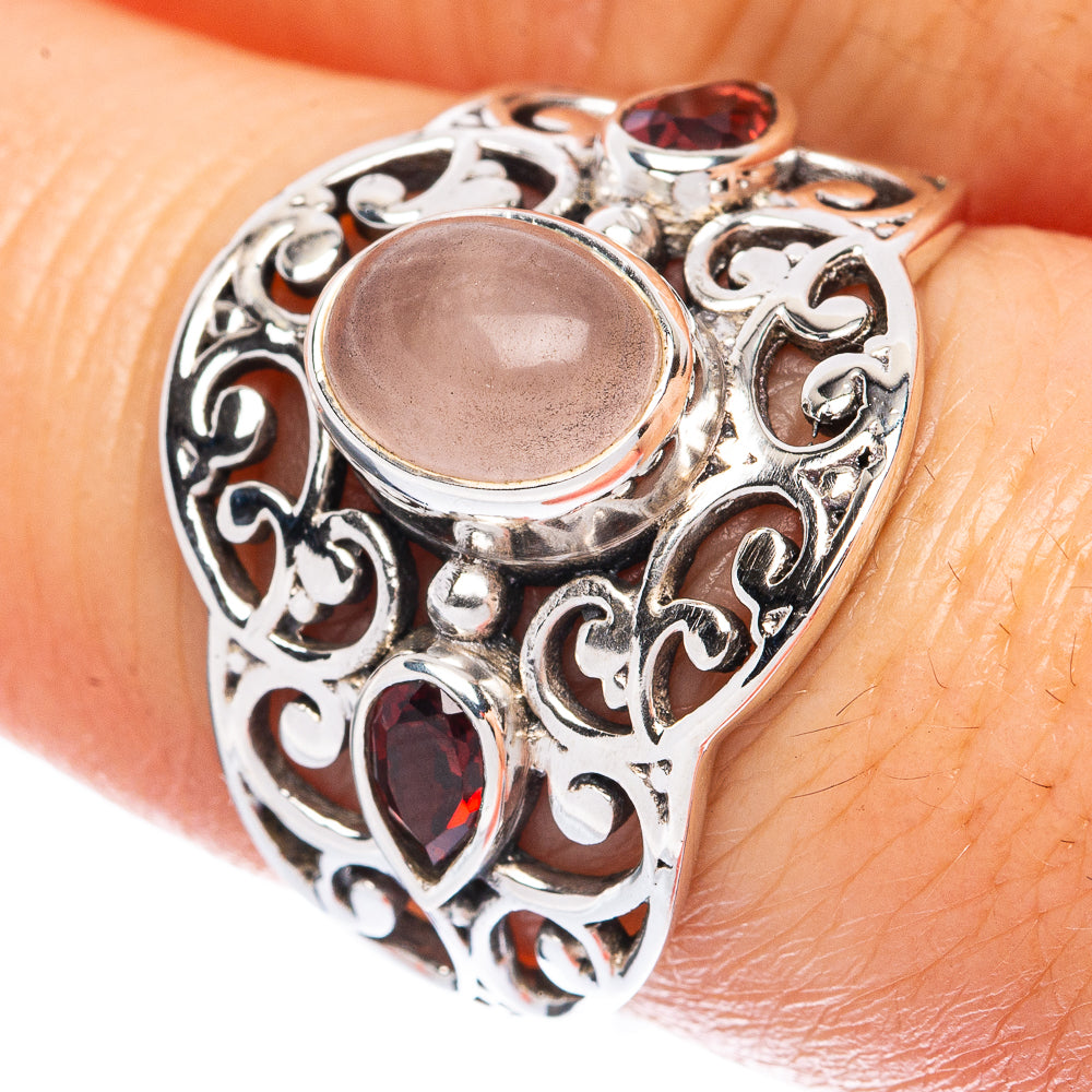Rose Quartz, Garnet Ring Size 8 (925 Sterling Silver) R2853