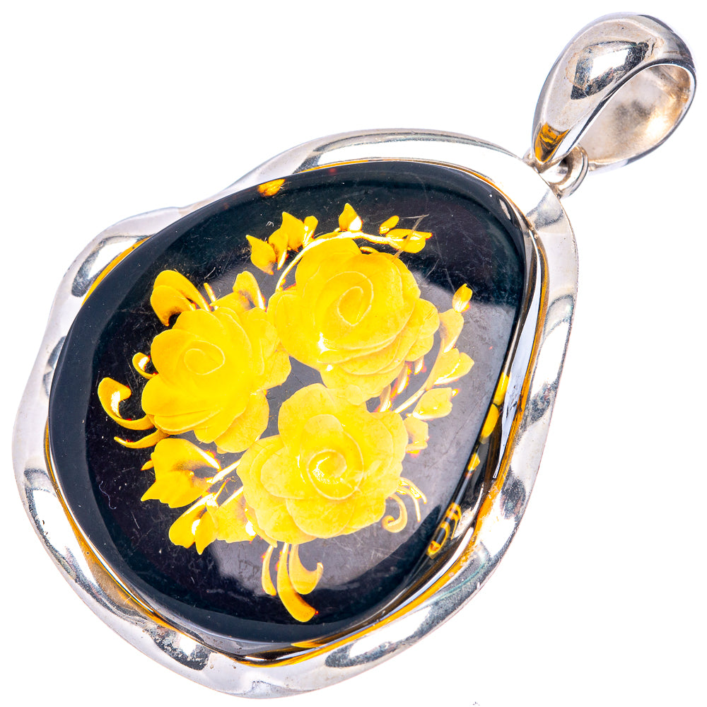Amber Intaglio Rose Pendant 2 1/8" (925 Sterling Silver) P42584