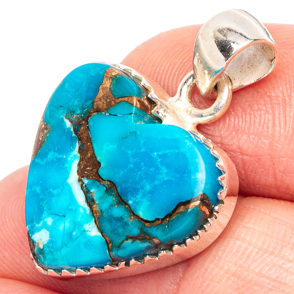 Blue Copper Composite Turquoise Heart Pendant 1 1/8" (925 Sterling Silver) P43968